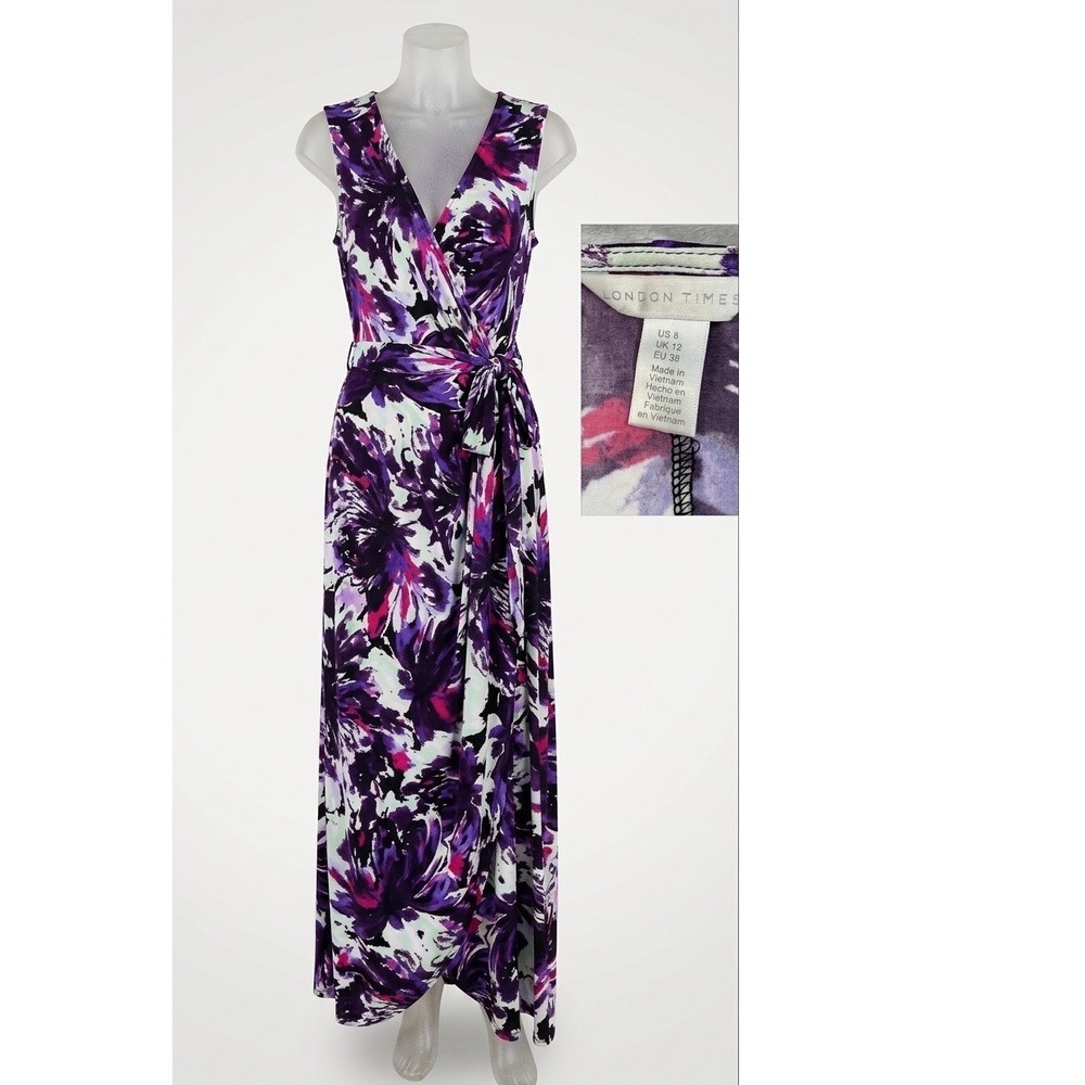 Women's London Times Floral Wrap Maxi Dress Purple Pink White Sleeveless Size 8